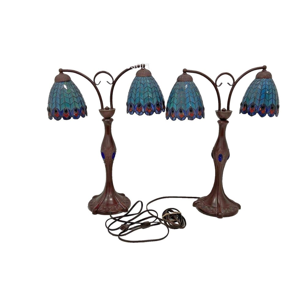 Meyda Tiffany Peacock Feather Stained Glass Dual Bulb Table Lamps – Pair, Used - Picture 6 of 6